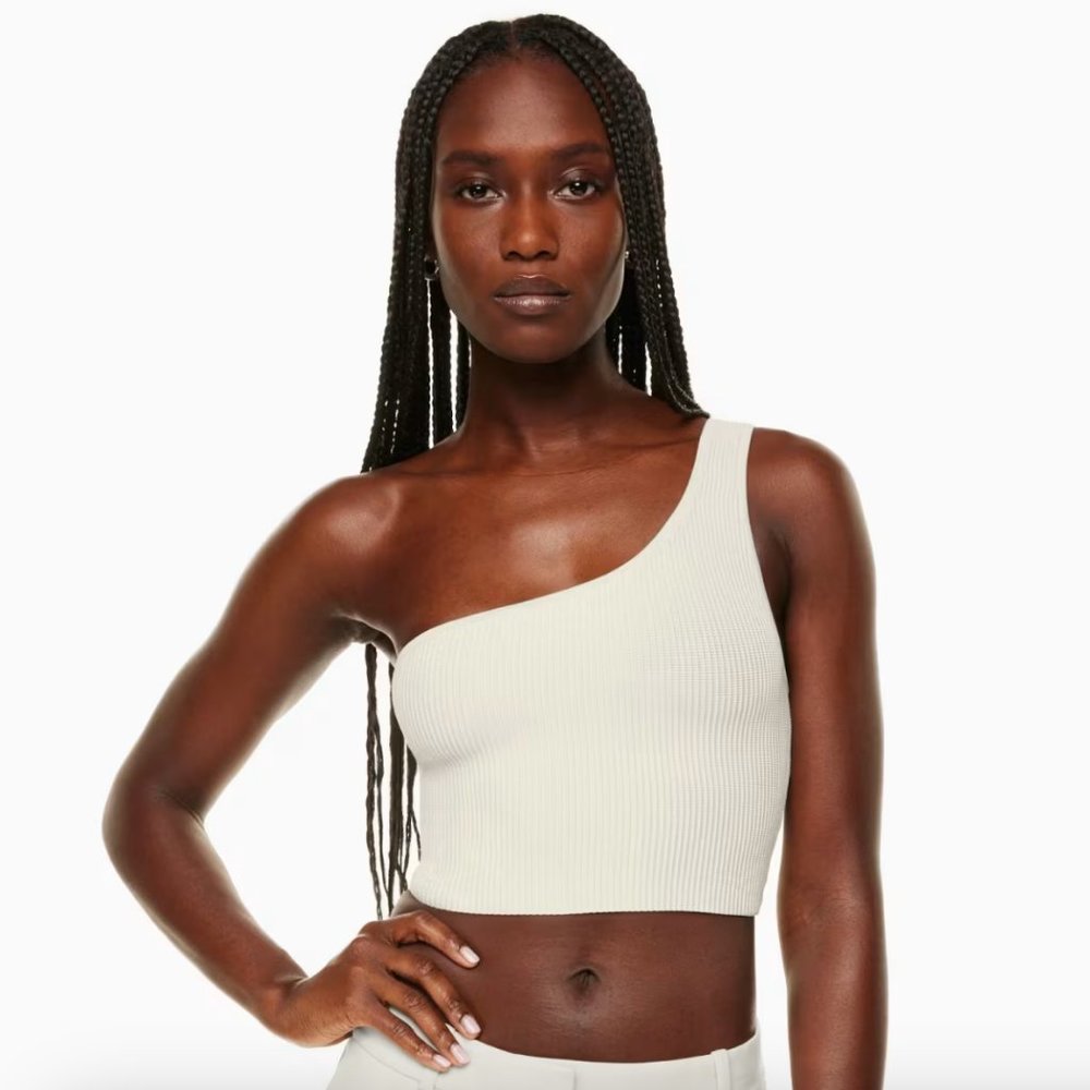 Babaton sculpt knit one-shoulder cropped tank M matte pearl